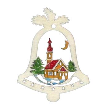 Ozdoba zvonek s kostelem dřevěný 9cm