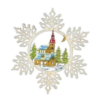 Ozdoba vločka s kostelem dřevěná 9cm