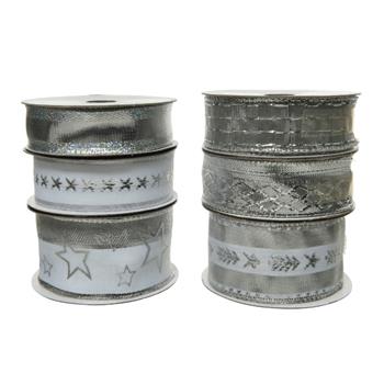 Stuha vánoční s drátkem  stříbrná mix 25-40mm x 2-3m