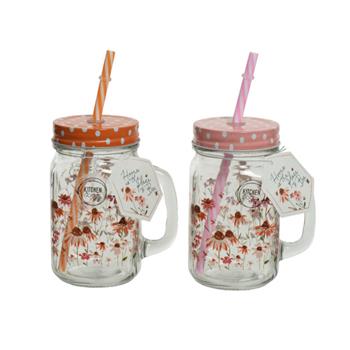 Sklenice s víčkem a brčkem KITCHEN GOODS s květy mix 13,5cm