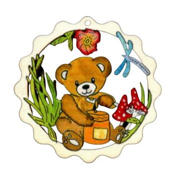 Ozdoba dřevěný medvěd s medem v kruhu hnědý 6cm