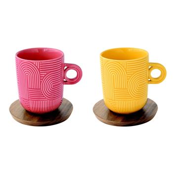 Porcelánový hrnek s dřevěným podtáckem TAKE A BREAK červená/žlutá 350ml 2ks