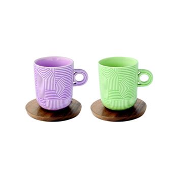 Porcelánový hrnek s dřevěným podtáckem TAKE A BREAKfialová/zelená 350ml 2ks