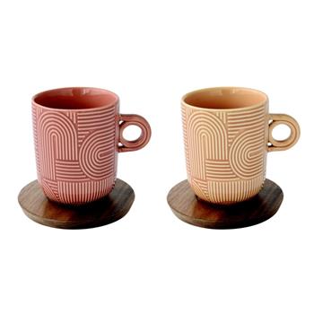 Porcelánový hrnek s dřevěným podtáckem TAKE A BREAK hnědá 350ml 2ks