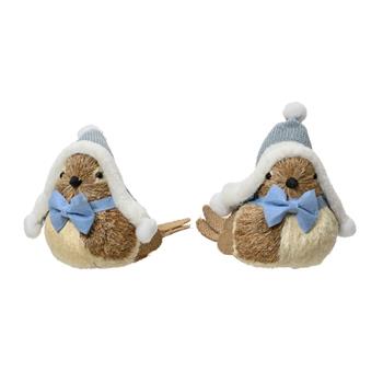 Pták s čepicí ze šustí/látky modro-přírodní mix 17cm