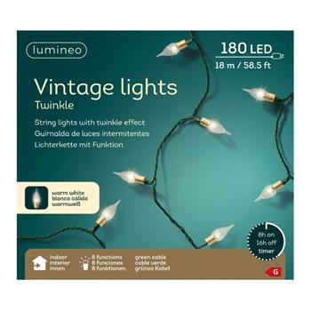 Řetěz svítící vnitřní 180LED Vintage t.bílá s časovačem, 8 funkcí, zelený 17,9m