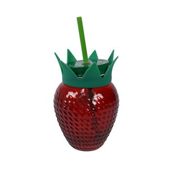 Sklenice skleněná s víčkem + brčko KITCHEN GOODS jahoda 13cm