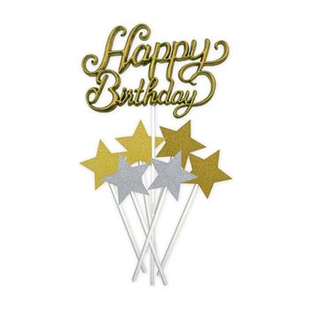 Zápich na dort Happy Birthday a hvězdy 21cm