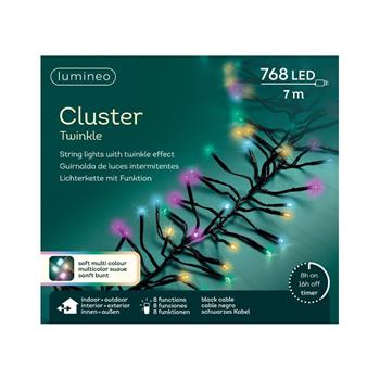 Řetěz svítící venkovní Cluster 768LED soft barevný s časovačem, 8 funkcemi černý 6m