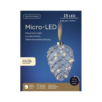 Šiška závěsná skleněná 15microLED, t.bílá s časovačem na baterie 21cm