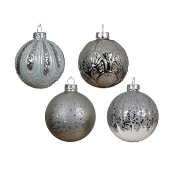Ozdoba koule skleněná ornamenty s glitry bílá/stříbrná mix 8cm