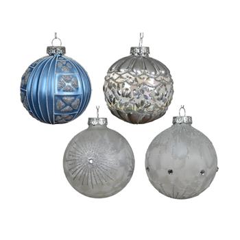 Ozdoba koule skleněná ornamenty s glitry bílá/modrá/stříbrná mix 8cm