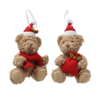 Ozdoba polyesterový medvěd s šálou/sáčkem mix červeno-hnědý 14cm