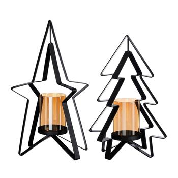 Svícen kovová hvězda/strom se skleněným kalíškem černý mix 31,5cm