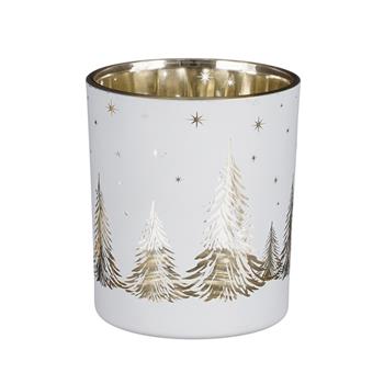 Svícen na čajovku skleněný s lesem a hvězdami bílý 10cm