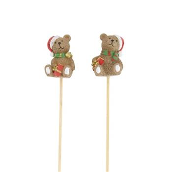 Zápich mědvěd s čepicí a dárkem polyresinový červeno-hnědý mix 48cm