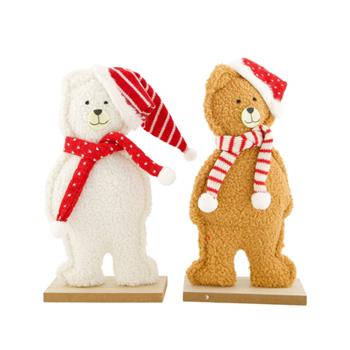 Medvěd stojící plyšový s čepicí a šálou na dřevěném podstavci bílý/hnědý mix 49cm