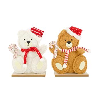 Medvěd sedící plyšový s čepicí a šálou na dřevěném podstavci bílý/hnědý mix 29cm