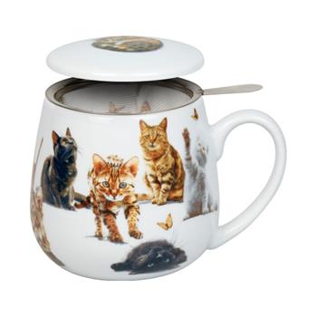 Hrnek buclák porcelánnový se sítkem a víčkem KOČKY CHLUPATÉ TLAPKY 420ml