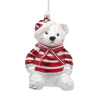 Ozdoba medvěd skleněný bílo-červený 15cm