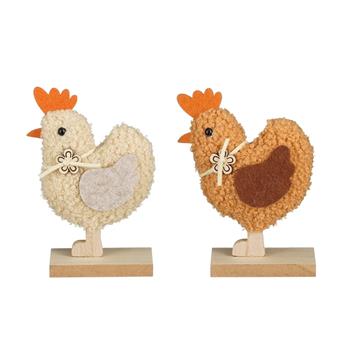 Slepice plyšová na dřevěném podstavci béžová/hnědá mix 12,5cm