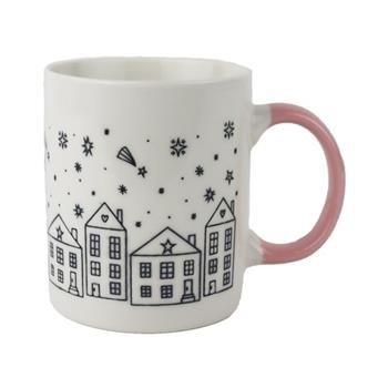 Hrnek porcelánový s domy a noční oblouhou růžovo-bílý