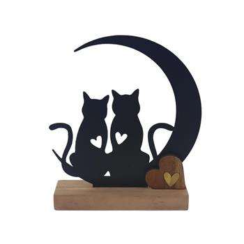 Kočky sedící u měsíce se srdíčky kovové na dřevěném podstavci 16,5cm