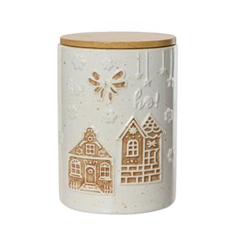 Dóza kulatá dolomitická s domky a dřevěným víčkem hnědo-bílá 16cm