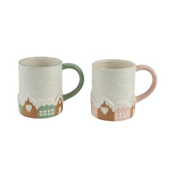 Hrnek dolomitický s domky bílo-růžový/zelený mix 10,5cm