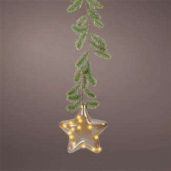 Závěsná skleněná hvězda s jehličím 15mLED bílá s časovačem na baterie 20,6cm