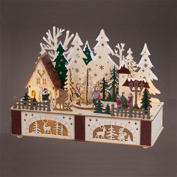 Zimní krajina dřevěná s hudbou a 9LED t.bílá na baterie 28cm