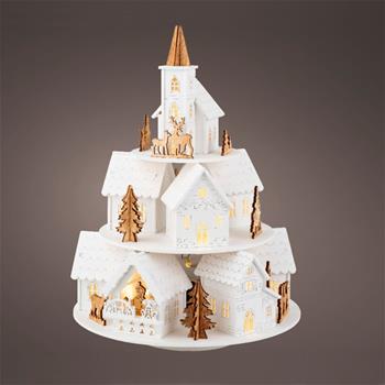 Vánoční hrající 3 patrové město dřevěné s 9LED t.bílá s časovačem na baterie 28,5cm