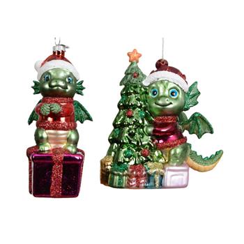 Ozdoba skleněný drak s dárkem/stromkem a glitry červeno-zelená 12cm