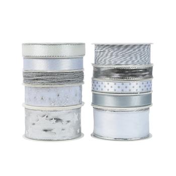 Stuha vánoční s drátkem bílá/stříbrná mix 2-40mm x 2-4m