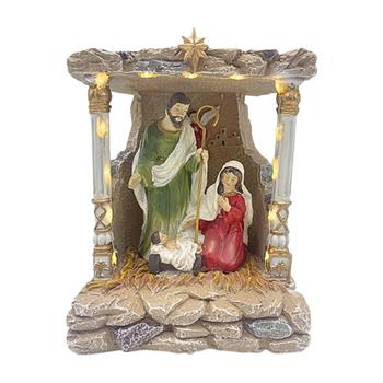 Jesličky Svatá rodina polyresinová s LED, t.bílá na baterie 20,5cm
