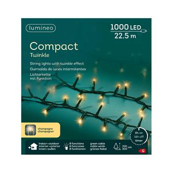 Řetěz svítící venkovní Compact 1000LED šampaň s časovačem, 8 funkcí, zelený 22,5m