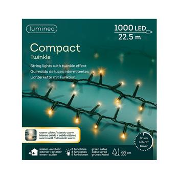 Řetěz svítící venkovní Compact 1000LED t.bílá/bílá s časovačem, 8 funkcí, zelený 22,5m