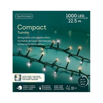 Řetěz svítící venkovní Compact 1000LED t.bílá/st.bílá s časovačem, 8 funkcí, zelený 22,5m