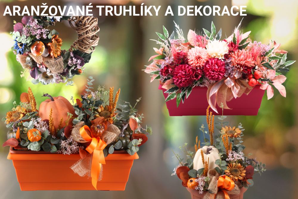 Podzimní aranžované truhlíky a dekorace