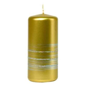 Válcová svíčka pruhy s glitry zlatá 12cm
