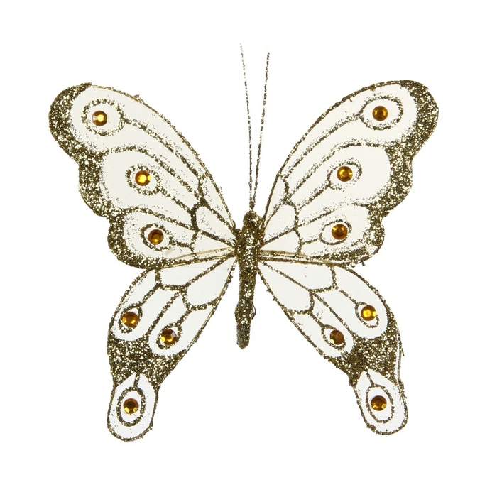 Levně Motýl na klipu organza s glitry 20cm zlatá