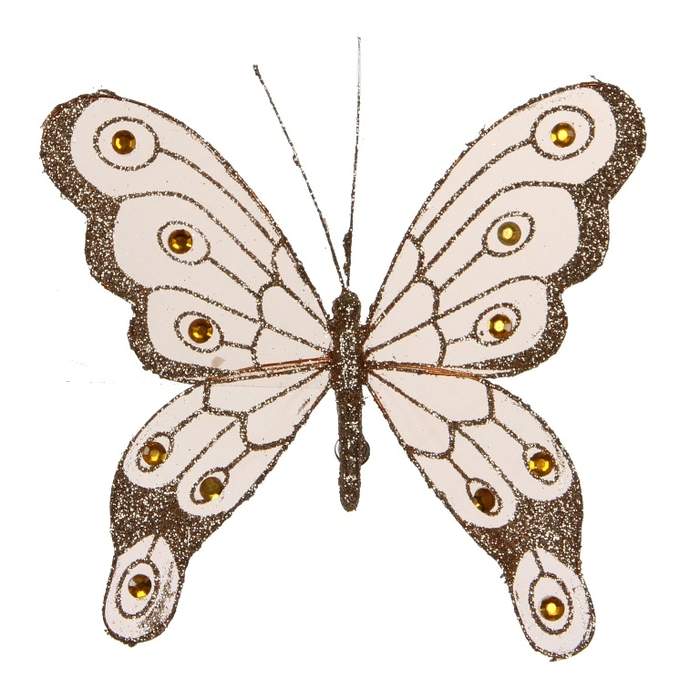 Levně Motýl na klipu organza s glitry 20cm měděná