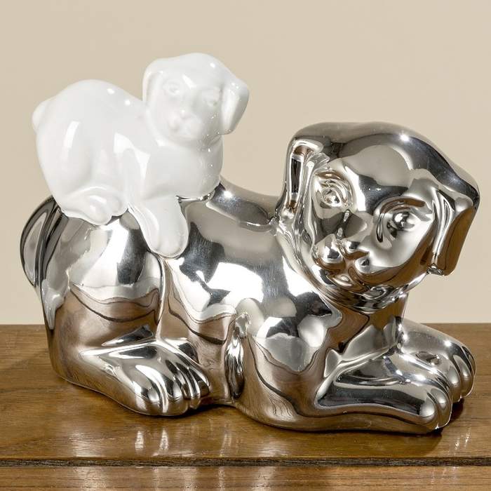 Levně Pes dvojice FELICE kamenina 11cm mix barev velký stříbrný pes