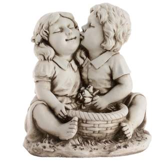 Figurka keramická chlapec a dívka sedící s krmítkem 36cm