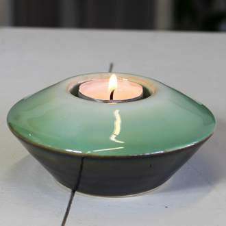 Svícen na čajovku  keramika šedo-zelený 12cm