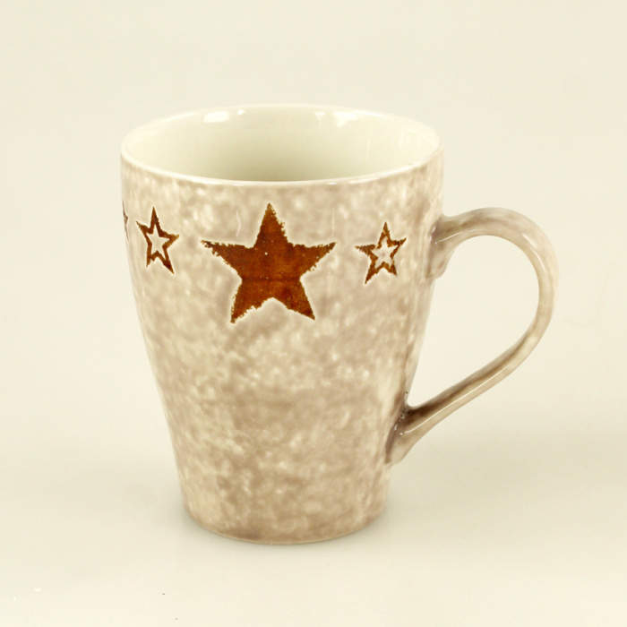 Levně Hrnek dekor hvězdy se lžičkou hnědý porcelán 10cm