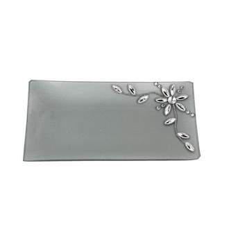 Tácek hranatý skleněný šedý s dekorem květiny 20cm
