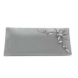 Tácek hranatý skleněný šedý s dekorem květiny 27cm