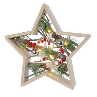 Hvězda  dřevěná s dekorací svítící na baterie 30cm
