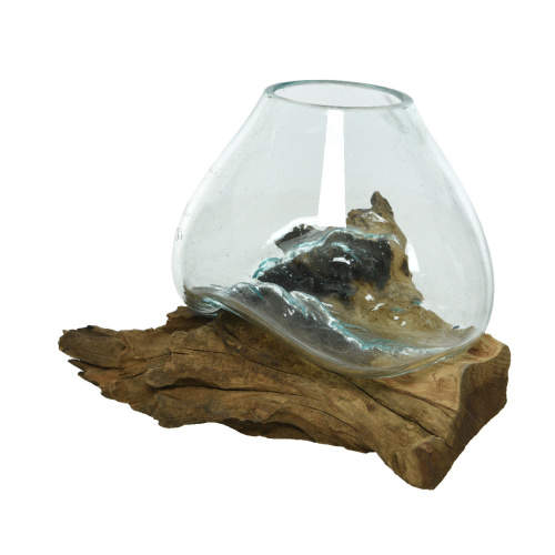 Váza atyp podstavec z kořene sklo/dřevo 20cm